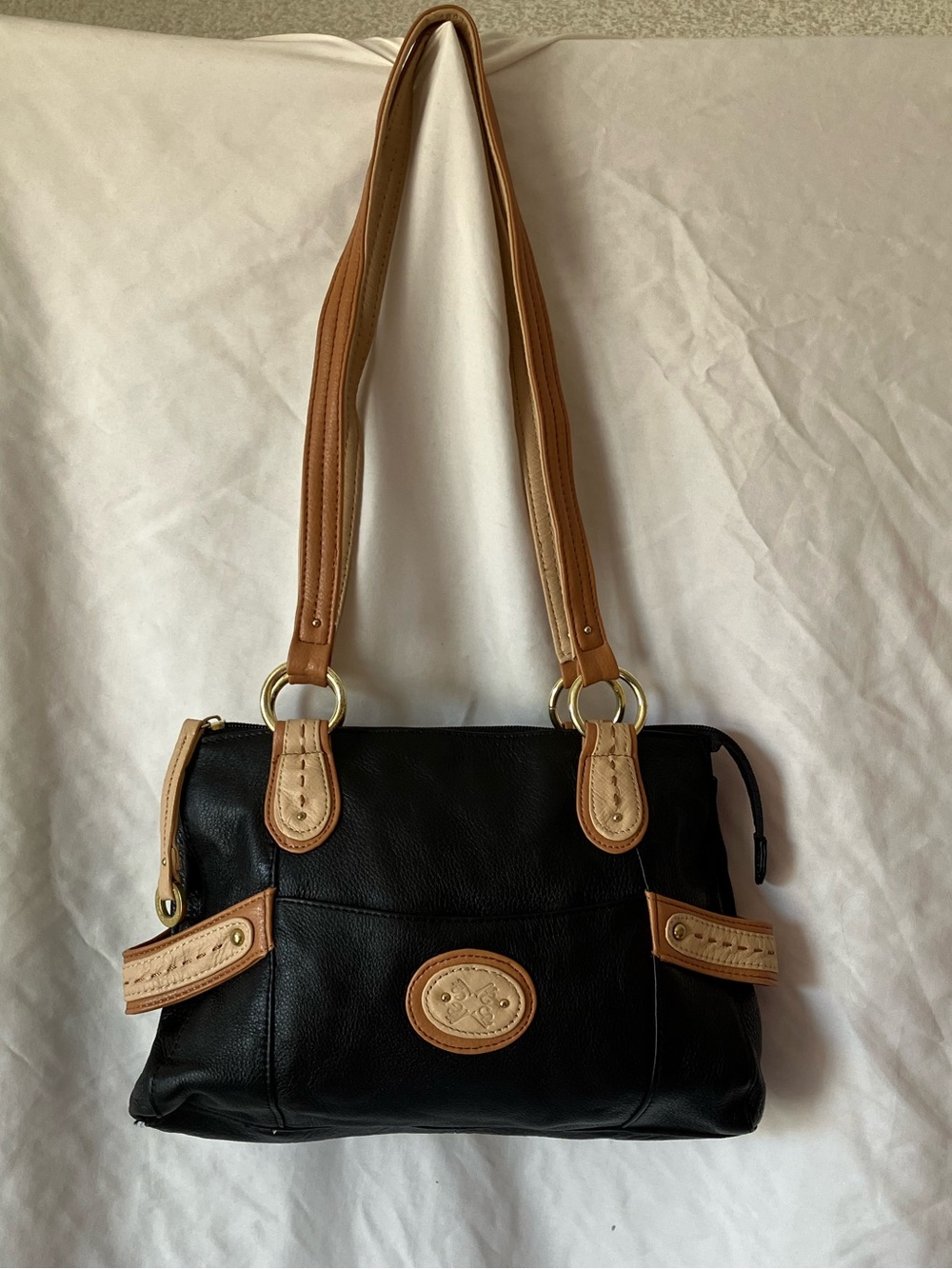 Stone Mountain Black Shoulder Bag with Tan Accents